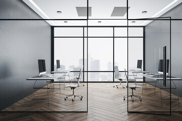 Office interior with megapolis city view