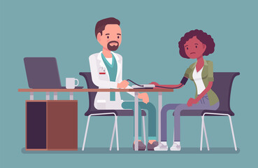 Blood pressure measurement, medicine test for young black woman. Male doctor at table checking and examine patient health with aneroid sphygmomanometer cuff. Vector flat style cartoon illustration