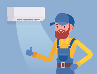 Air Conditioner unit proper work, use, regular maintenance. Professional repair technician done his expert assistance, happy with good ac, working split system. Vector flat style cartoon illustration