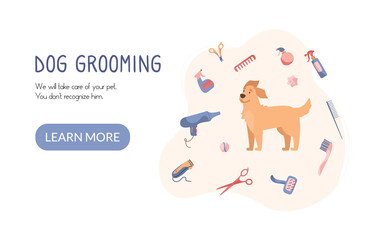 Dog grooming website. Pet haircut in cartoon style. Golden Retriever and grooming products, shampoos, wire cutters, combs, scissors. Vector. Landing page isolated on white background.