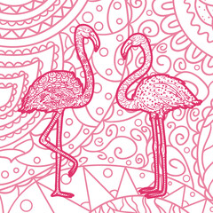 Square pattern with birds. Line art. Hand drawn ornate mandala with flamingos