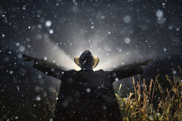 Obraz na płótnie Canvas halloween man field scarecrow concept horror and fear night in fog