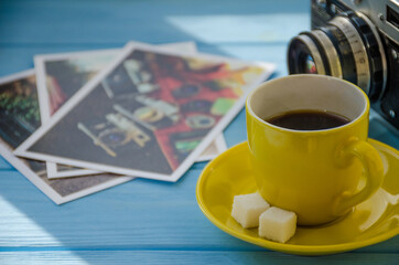 still life of cake with cup of coffee highlighted by sunlight