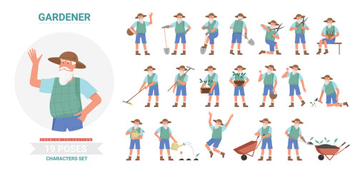 Fototapeta premium Gardener working poses infographic vector illustration set. Cartoon flat elderly bearded man worker farmer character planting and harvesting in different postures, farm garden work isolated on white