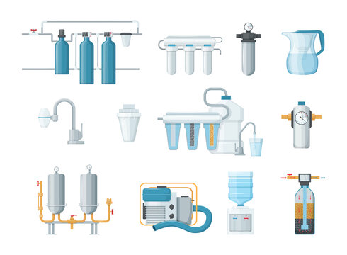 Water filter, filtration. Cleaning system, drink cooler, cartridges, jug with filter, motor pump. Filtering clean water drink in bottle processes, purified liquid with help special technologies