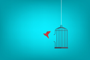 Flying bird and cage. Freedom concept. Emotion of freedom and happiness. Minimalist style.  © madedee