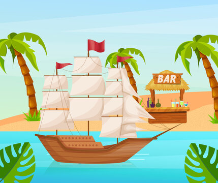 Maritime ships at sea, sailboat, frigate with sails near tropical beach with palm. Water transportation tourism transport cartoon vector
