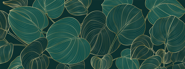 Panele Szklane  Luksusowe złoto i natura zielone tło wektor. Kwiatowy wzór, złoty split-leaf Philodendron roślina z sztuką linii roślin monstera, ilustracji wektorowych.