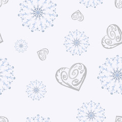 Snowflakes and hearts seamless pattern.