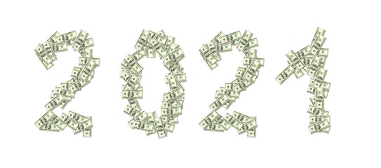 2021 written with 100 dollars banknotes isolated on white background