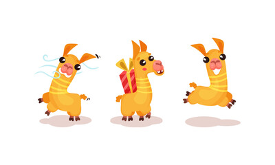 Cute Llama or Alpaca Animal Running and Carrying Gift Box Vector Set