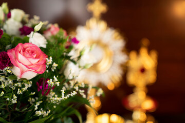 Catholic religion concept. Catholic symbols composition: The Cross, monstrance and golden chalice.