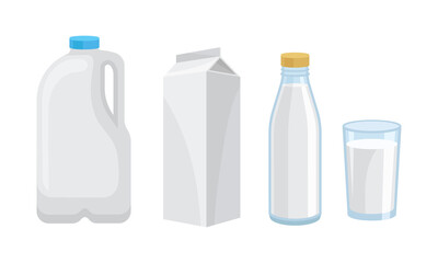 Milk Poured in Carton, Bottle and Glass Vector Set