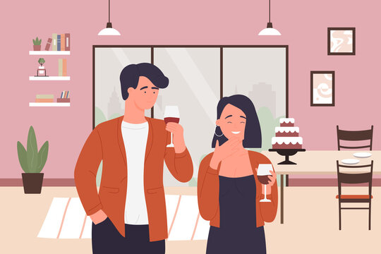 Flirting couple people vector illustration. Cartoon young man woman lover characters with wine glasses in hands spending flirt romantic time, dating at home room interior, love relationship background