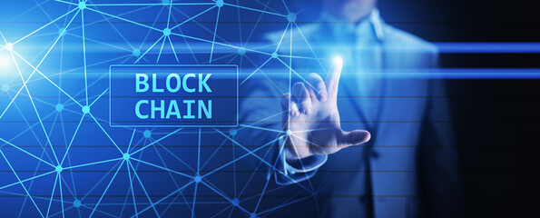 Blockchain technology concept on virtual screen. Cryptography and cryptocurrency.