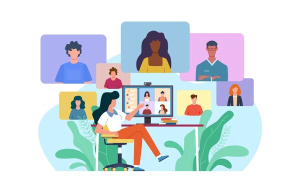 Video Conference. Woman At Desk Provides Collective Virtual Chat. Online Business Meeting Working Team Webinar With Specialist Home Office During Covid-19 Quarantine Vector Concept