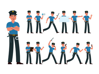 Policeman. American cop in uniform at different poses, writing fine, running, standing, holding gun and placard, police officer prevention and detection of crime cartoon vector set