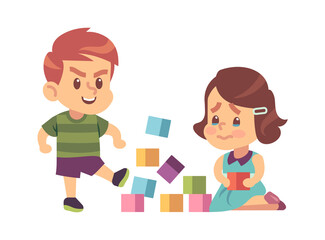 Aggressive bully kicking toys. Cartoon boy breaks toy cubes, crying girl children abuse behavior, bad manners kids conflict on playground. Flat vector illustration on white background