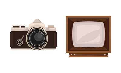 Retro Vintage Household Appliances with Camera and TV set Vector Set