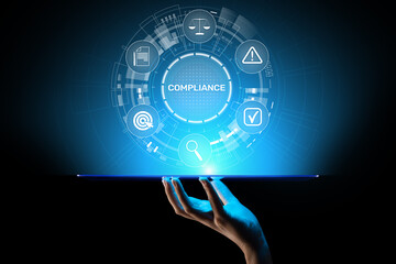 Compliance concept with icons and text. Regulations, law, standards, requirements, audit diagram on virtual screen.