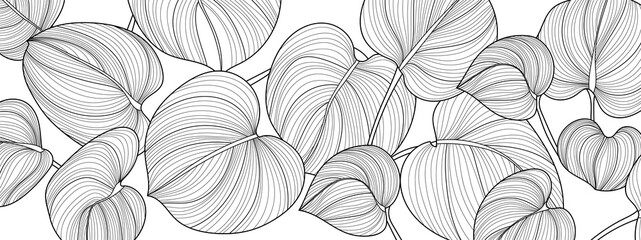 Luxury Nature Black and White background vector. Floral pattern, Ssplit-leaf Philodendron plant with monstera plant line arts, Vector illustration. - obrazy, fototapety, plakaty