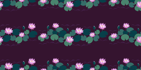 Horizontal seamless pattern with flowers, buds and pink lotus leaves on dark background. Vector illustration for design of botanical collection, textiles, postcards, dishes, stationery.