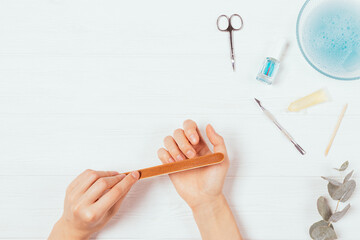 Home manicure process, female hands