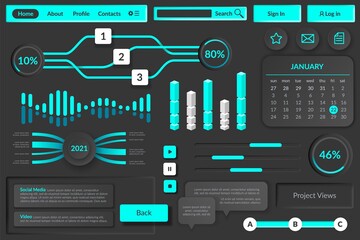 User interface elements. Futuristic virtual digital graphic user controls, website game menu panel. Web ui buttons, tools and diagrams, neon blue media display dark background vector set