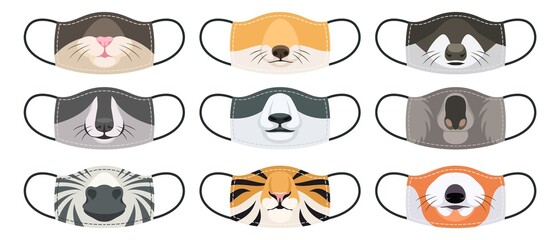Medical mask with animals faces. Fun reusable mouth masks with various wild and domestic animal, kids and adults clothes with print Covid-19 virus social protection, cartoon vector set