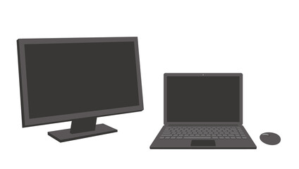 ノートPCと大画面ディスプレイのデュアルモニターのイラスト/白背景