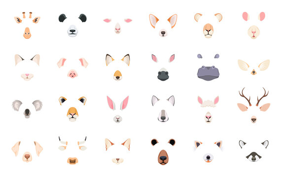 Animal face for video chat. Cute and funny pet and wild animals masks nose and ears selfie filters, joking application effect avatar portrait for mobile photo app vector cartoon set