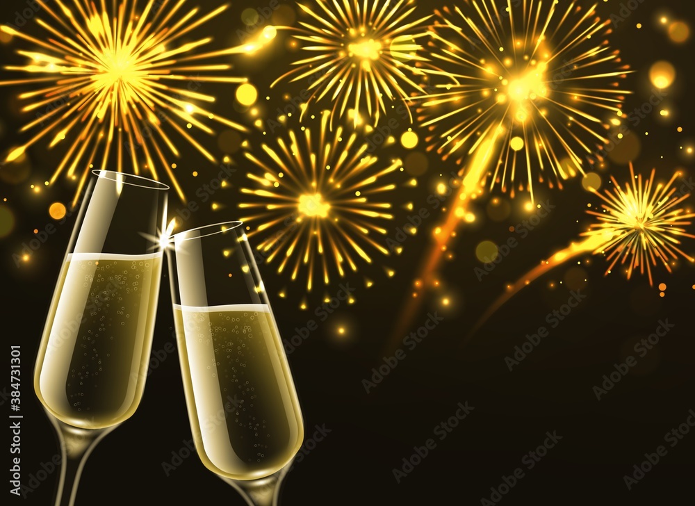 Wall mural fireworks and champagne glasses. sparkling wine and new year golden firework with bokeh effect, cong