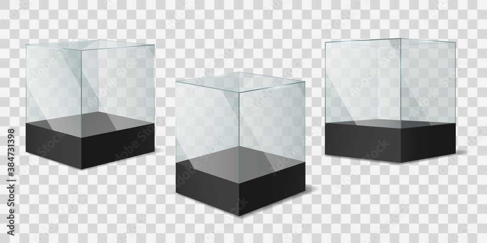 Wall mural glass cube. transparent shiny cubes on black pedestal, empty showcases for object exhibition mockup,