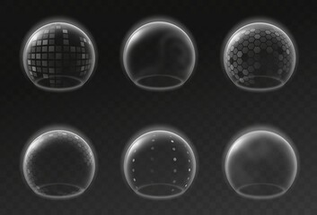 Bubble shields. Futuristic transparent sphere template, safety energy barrier force field mockup, realistic antiviral defense collection, protection environment 3d vector isolated set
