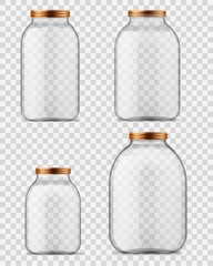 Glass jars. Empty transparent containers with reflection for homemade jam and canning food. Glassware different sizes with metal screw caps for storage realistic vector mockups