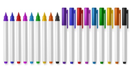 Color markers. Kids bright creative multicolor painting tools, artistic marker pens various color palette arranged in line. School supplies, office highlighters realistic vector set