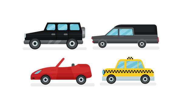 Cars or Automobile as Wheeled Motor Vehicle Used for Transportation Vector Set