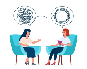 Psychotherapy concept. Psychologist and patient with tangled and untangled mind metaphor, doctor solving psychological problems, couch consultation, mental health vector illustration - obrazy, fototapety, plakaty