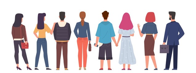 Crowd back view. Group men and women standing in different poses of back view, couple people hugging and holding hands, male and female persons from back side flat vector concept