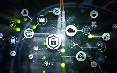 Data security concept. Icons: Closed Padlock, Wifi And cloud on digital background.
