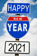 Hapy New Year 2021 written on american roadsign
