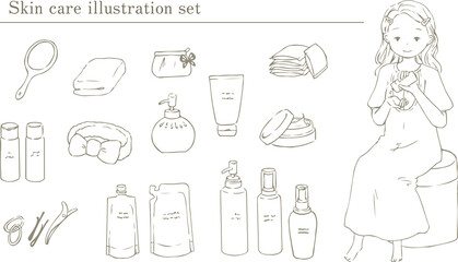 スキンケアする女性とスキンケア用品の線画イラストセット