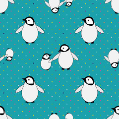 Cute Kawaii penguin baby vector seamless pattern background. Single and pairs of cartoon emperor chicks on polka dot textured aqua blue backdrop. Hand drawn all over print for winter concept