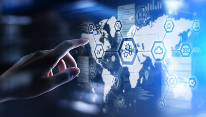 Automation and smart industry 4.0, Internet of things, IOT, Gears and system structure on virtual screen.