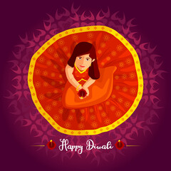 Happy diwali. Festival of light, greeting card. Diwali colorful posters with a little girl. Deepavali light and fire festival. Indian deepavali hindu festival of lights. Vector Illustration.
