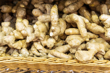 ginger root close-up. sale of spices and vegetables