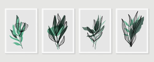 Botanical wall art vector set. Earth tone boho foliage line art drawing with  abstract shape.  Abstract Plant Art design for print, cover, wallpaper, Minimal and  natural wall art. - obrazy, fototapety, plakaty