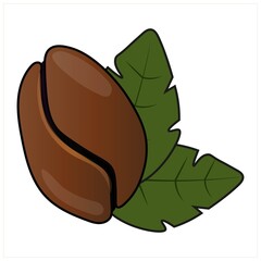Cartoon coffee bean with green leaves.
Vector isolated on white background.