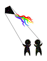 a symbol of free choice, two little black men stand side by side and hold a kite with a multicolored tail by the strings, vector illustration