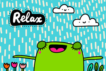 Relax hand drawn vector illustration in cartoon doodle style frog cheerful happy